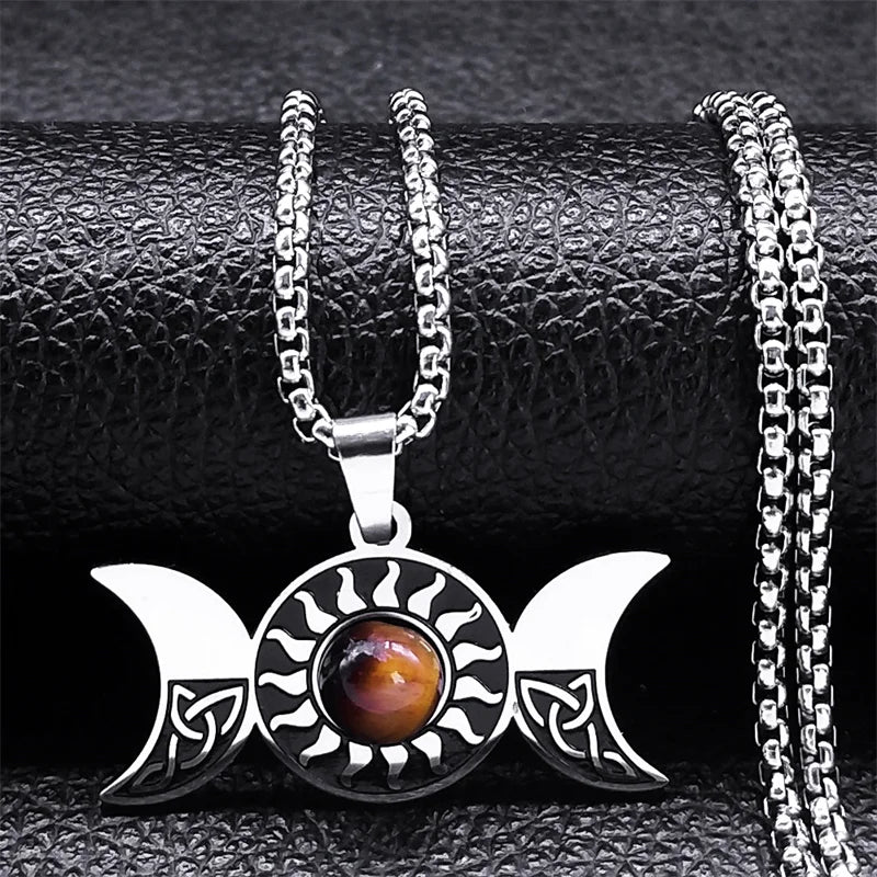 Viking Trinity Knot Necklace for Women Men Stainless Steel Tiger Eye Stone Irish Celtic Lucky Amulet Necklaces Jewelry N3806S02