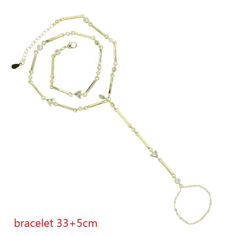 Gold Color Geometric Various Shaped Bezel CZ Plain Bar Charm Double Layer Sexy Fashion Women Hand Chain Bracelets