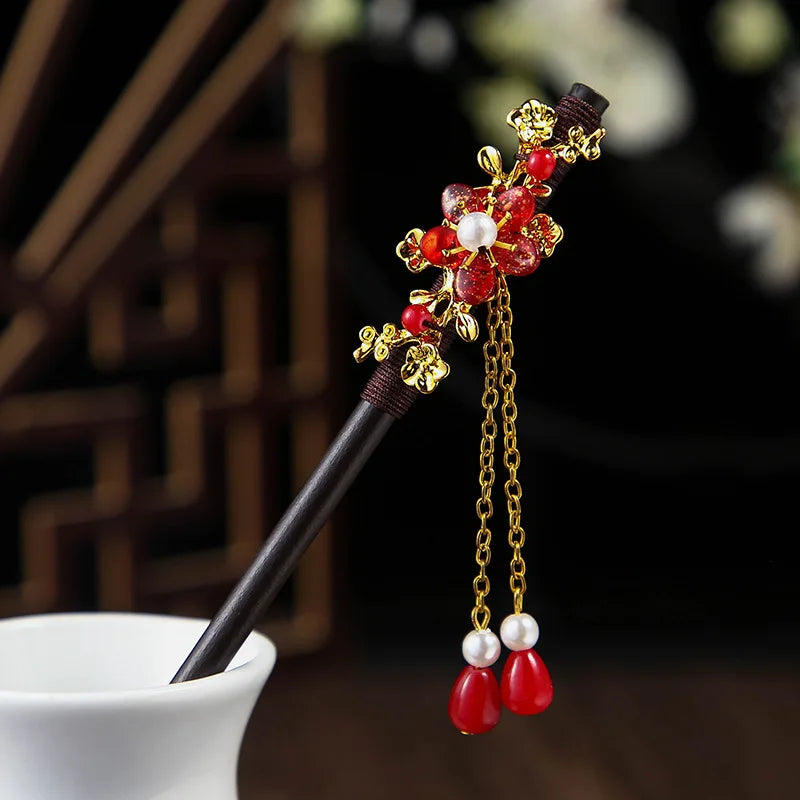 Wooden Hair Stick Chinese Style Winding Flower Hairpin With Tassel Elegant Lady Hair Clip Hair Accessories Vintage Gift