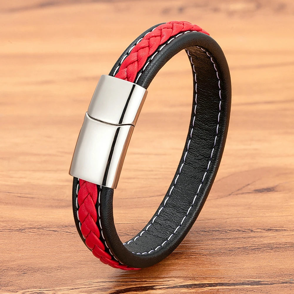 XQNI Black & Red Braided Rope Leather Bracelet Men Stainless Steel Charm Jewelry Bangle for Friend Couple Birthday New Year Gift
