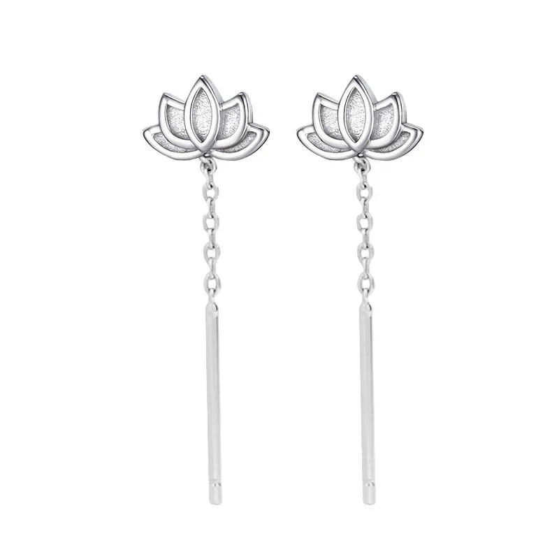 Real 925 Sterling Silver Long Cute Lotus Tassels Drop Earrings for Women Plant Fine Jewelry Allergy Minimalist Accessories