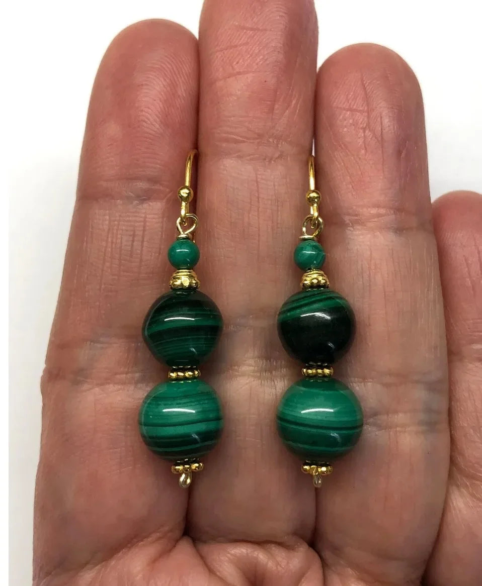 Malachite Greenstone Lever Back Coin Earrings, Real Malachite Beaded Bohemian Jewelry