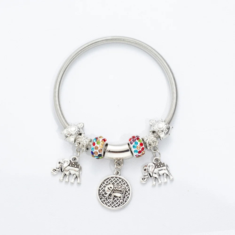 Creative Elephant Charms Bracelet Colorful Rhinestone Bead Silver Color Metal Bracelet For Women