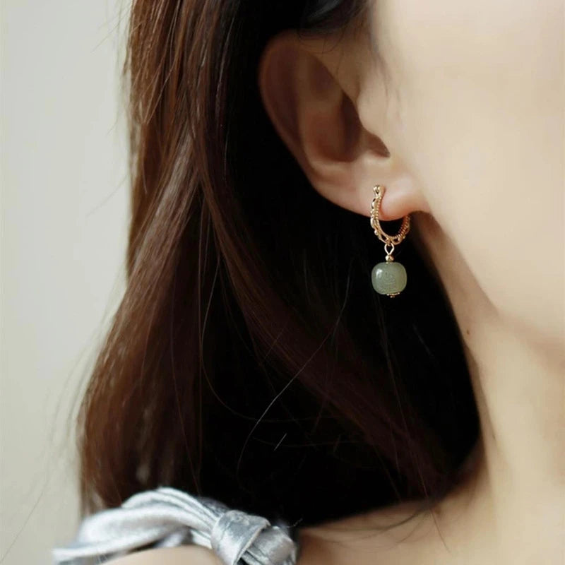 VENTFILLE Gold Color Hetian Jade Earrings for Women Green Round Jewelry Girls Gift Dropshipping Wholesale