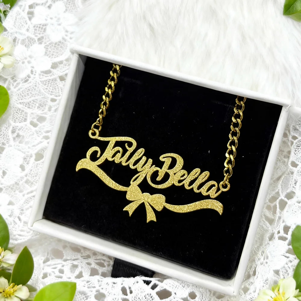 DUOYING Custom Name Heart Frame Necklace Earrings Diamond Cut Bow-shaped Base Nameplate Necklace