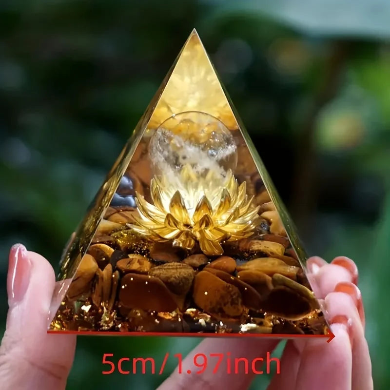 1PC Clear Crystal Tiger Eye Lotus Symbol Orgone Pyramid With Positive Energy And Guidance - Tiger Eye Lotus Symbol Orgone