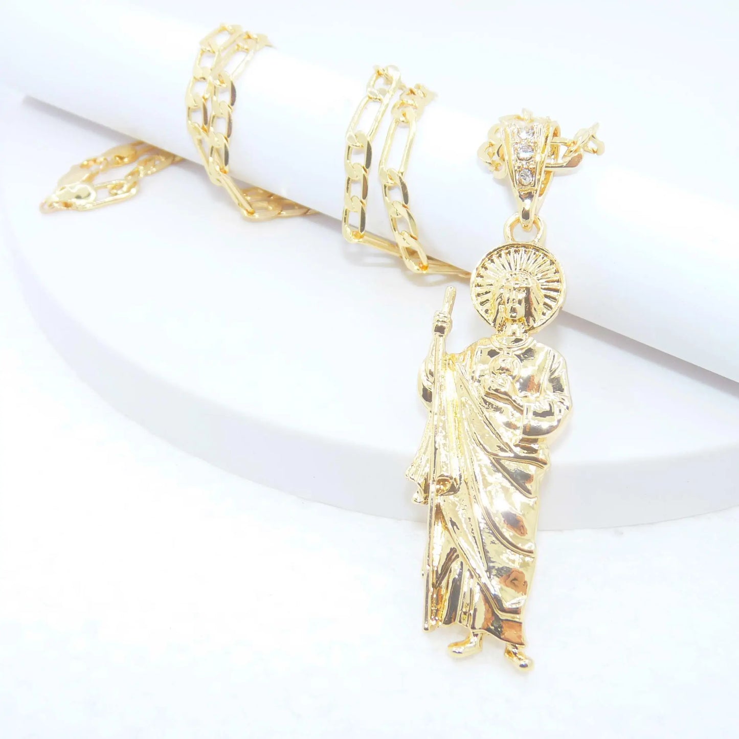 Saint Jude Necklace 14K Gold Plated San Judas Pendant Figaro Chain