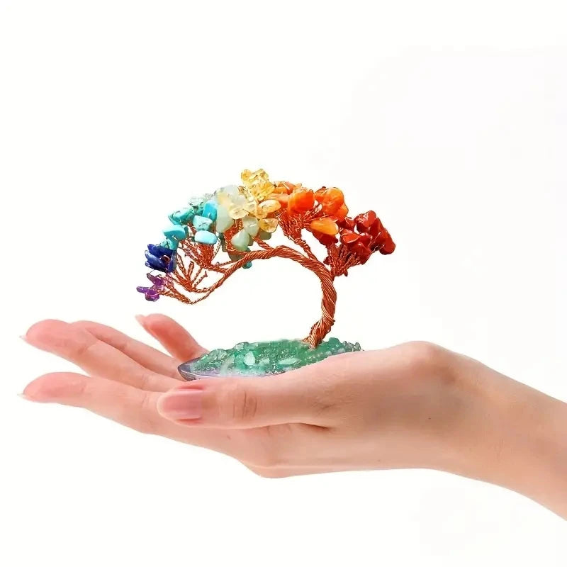 1pc Natural colorful crystal crushed stone Fengtail tree crystal agate piece base copper wire winding fortune tree ornament