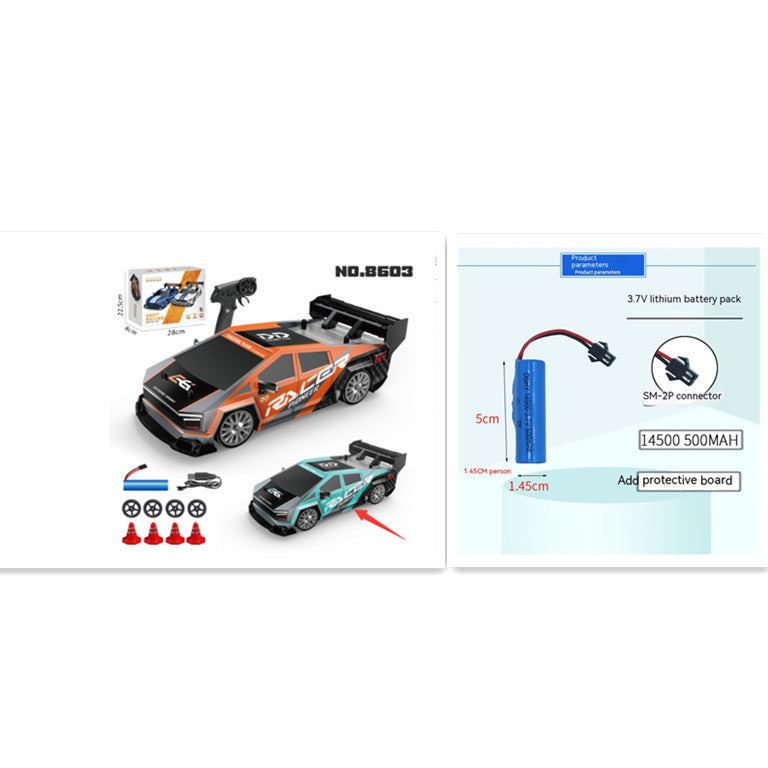 Collage of a remote control car, battery pack, and accessories on a white background