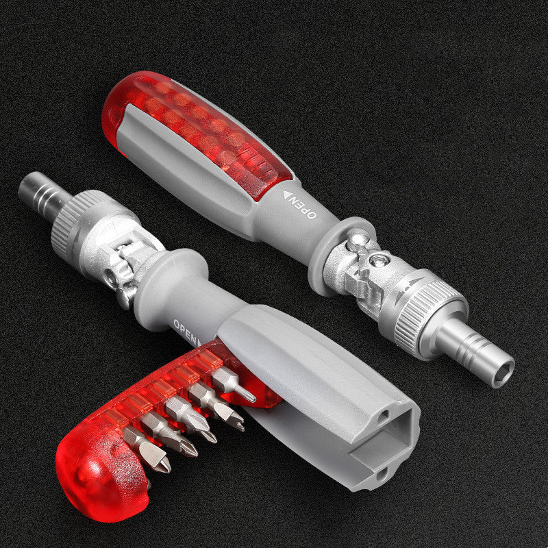 Magnetic ratchet screwdriver set with interchangeable bits stored in handle, featuring ergonomic grip and adjustable head for versatile use.