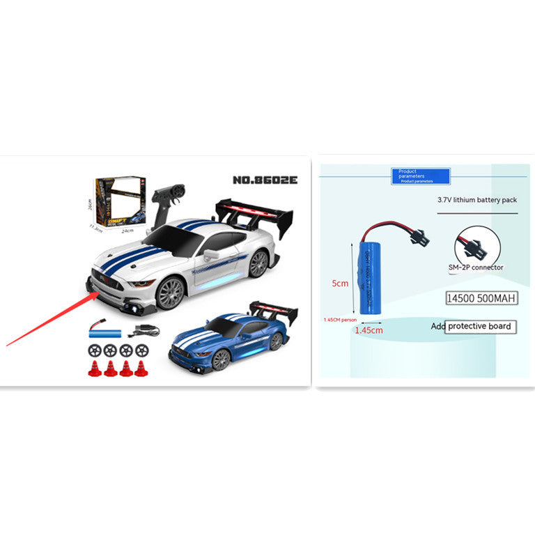 White and blue-striped RC drift car kit with controller, packaging, battery, spare tires, and accessories layout.
