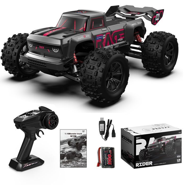 Remote control monster truck with accessories on a white background