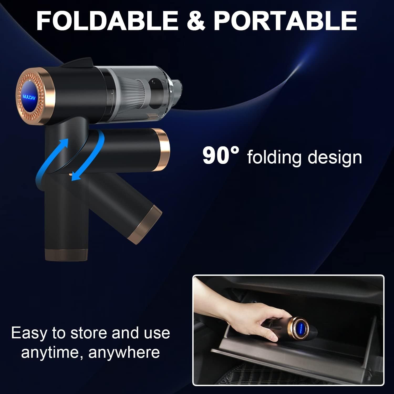 Foldable and portable vacuum cleaner with 90-degree rotating handle for easy storage in car compartments or drawers