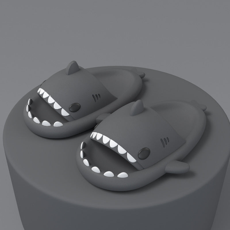 Dark grey slippers .