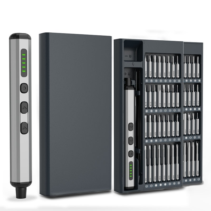 Close-up view of a 68-in-1 electric precision screwdriver set featuring a sleek storage case, digital battery indicator on the screwdriver, and an organized tray with multiple precision bits.