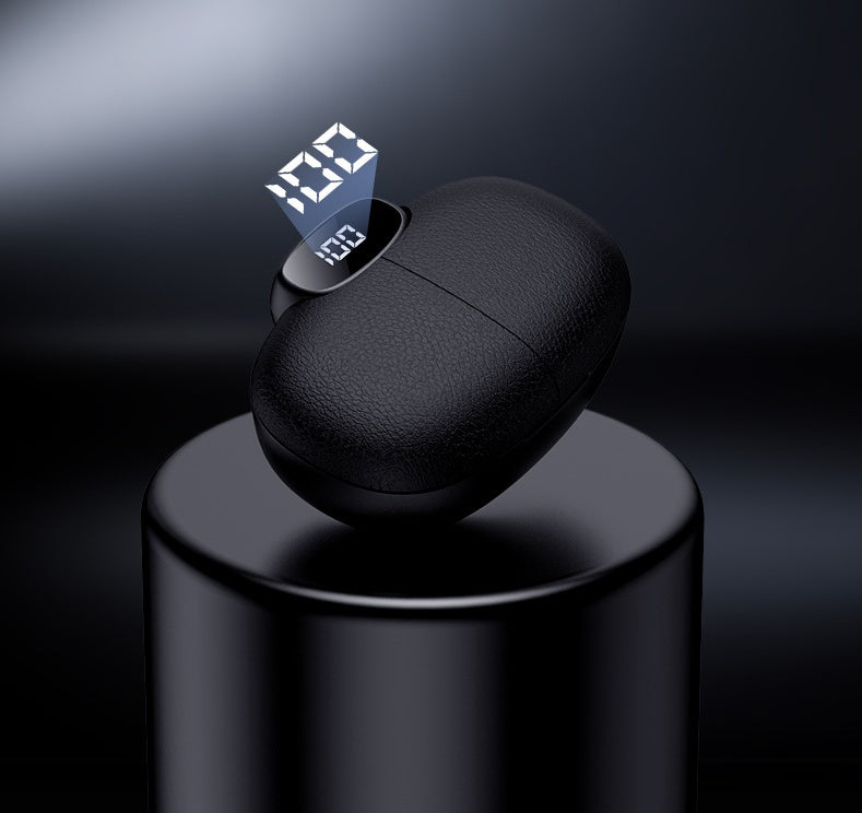 Sleek black wireless earbud charging case with LED digital display, shown on a modern pedestal with a premium matte finish