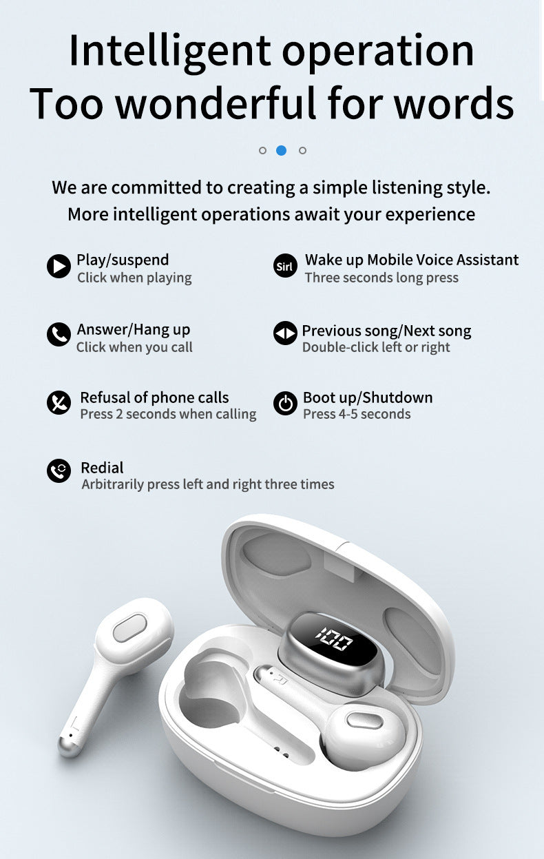 White wireless Bluetooth earbuds with digital display charging case, featuring smart touch controls for music, calls, voice assistant, and redial functions