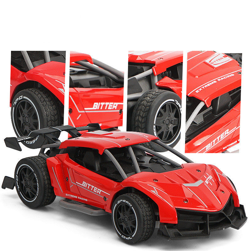 Red toy car with black wheels and 'Bitter' branding on a white background