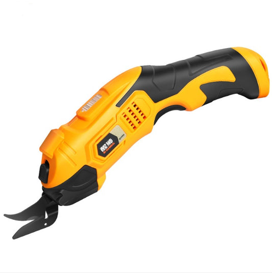 Close-up of a handheld 3.6V electric cutting scissors in orange and black, featuring an ergonomic non-slip grip and dual-blade tungsten steel cutter head.