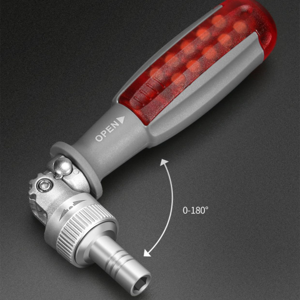 Adjustable magnetic ratchet screwdriver with 0–180° rotating head, featuring ergonomic red handle and flexible design for tight-angle access.