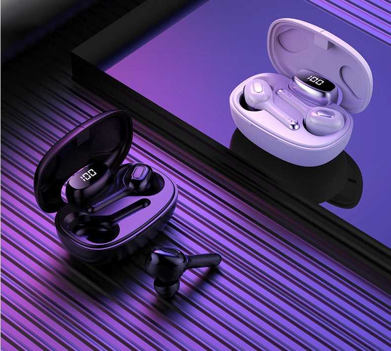 Two pairs of T9s translation Bluetooth earbuds displayed on a reflective surface.