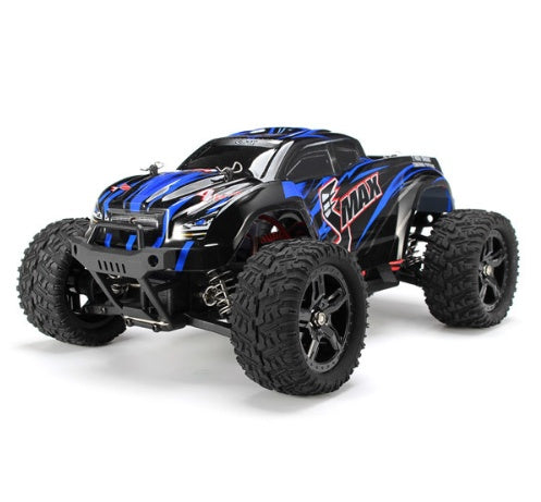 Front angle of blue Smax RC monster truck with aggressive design and large off-road wheels