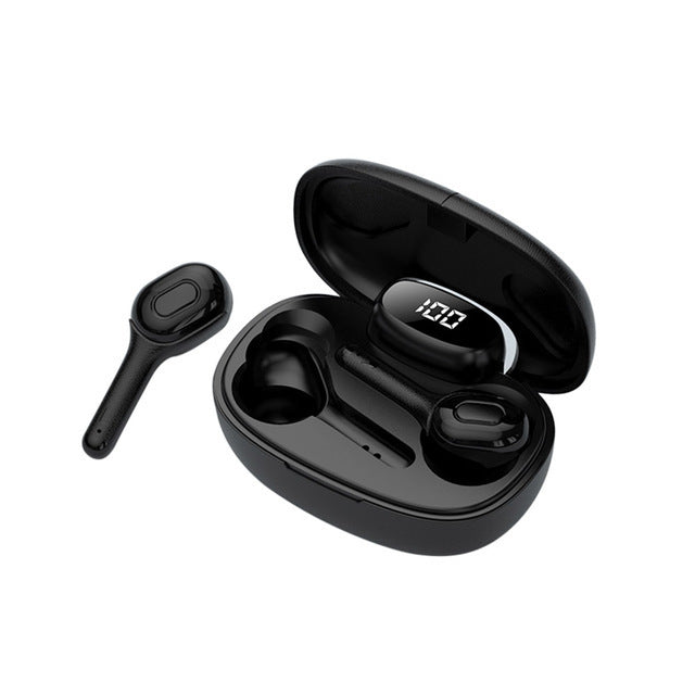 A pair of purple T9s translation Bluetooth earbuds with a charging case displayed on a reflective surface.