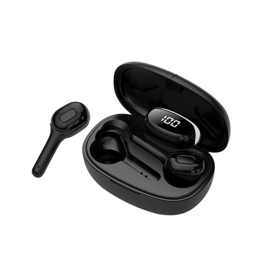 A pair of purple T9s translation Bluetooth earbuds with a charging case displayed on a reflective surface.