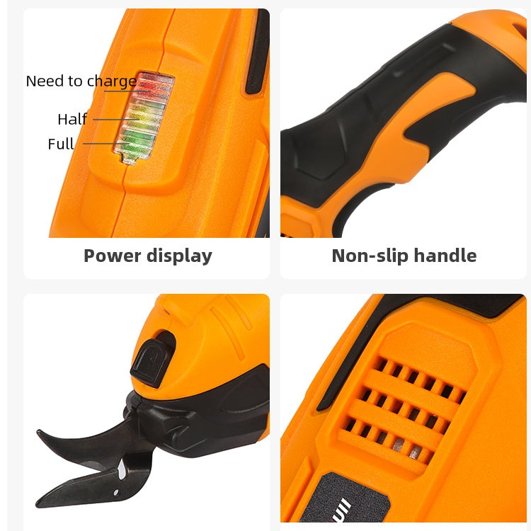 Detailed close-up image showing key features of 3.6V electric cutting scissors, including LED power display, ergonomic non-slip handle, durable tungsten steel cutter head, and air outlet for heat dissipation.