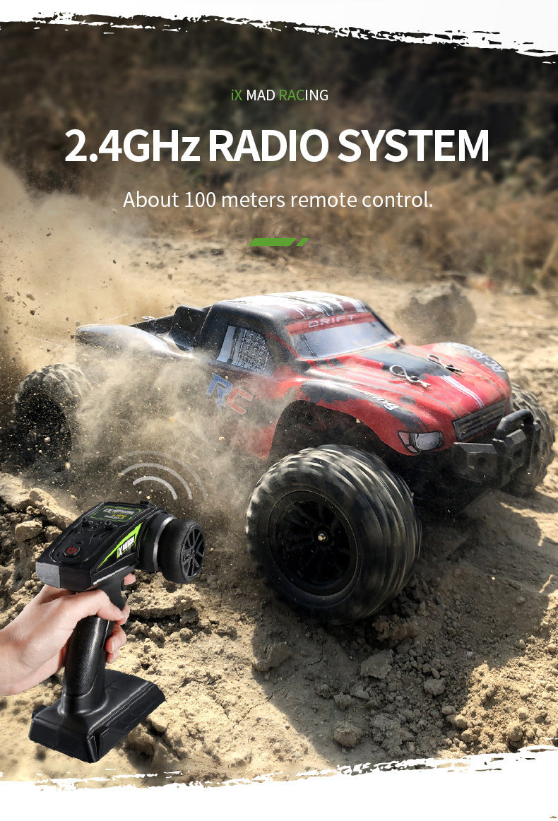 Red RC off-road truck with 2.4GHz radio system and 100m range controller