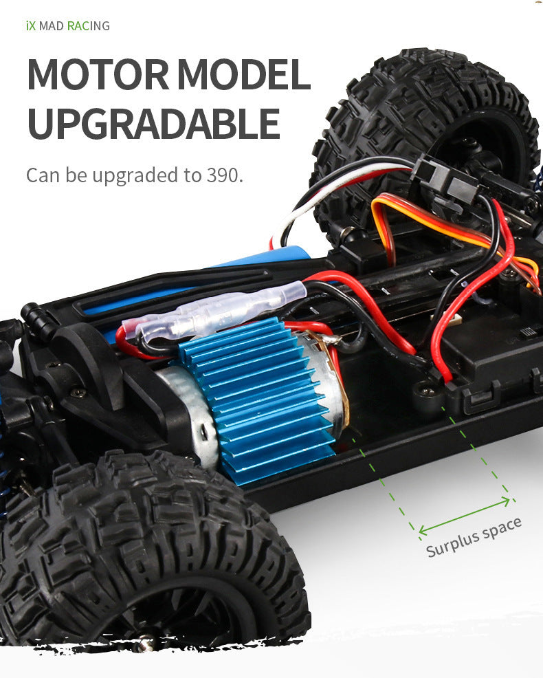 Close-up of RC car motor and wiring with upgradable 380 to 390 motor