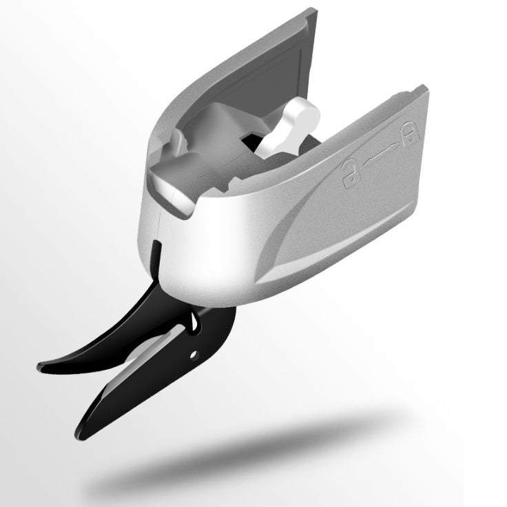 Close-up rendering of a detachable tungsten steel blade head for electric scissors, showcasing the locking mechanism and internal structure for easy blade replacement.