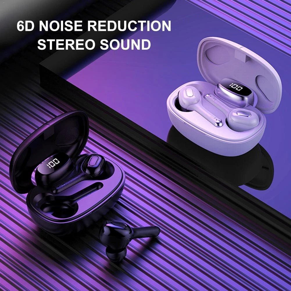 Two pairs of T9s translation Bluetooth earbuds displayed on a reflective surface.