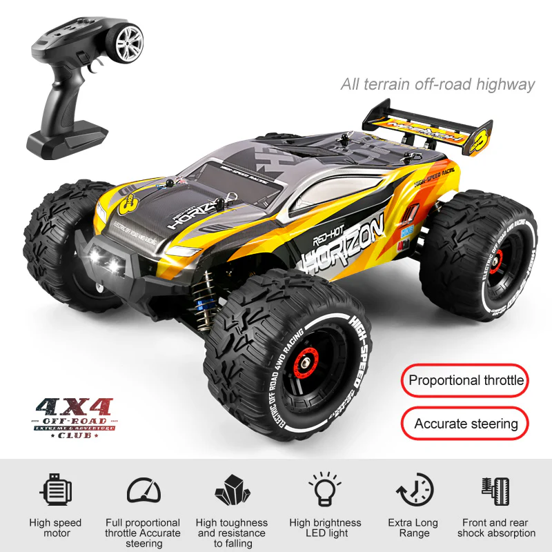 ellow off-road RC truck with controller, LED lights, and front/rear suspension system