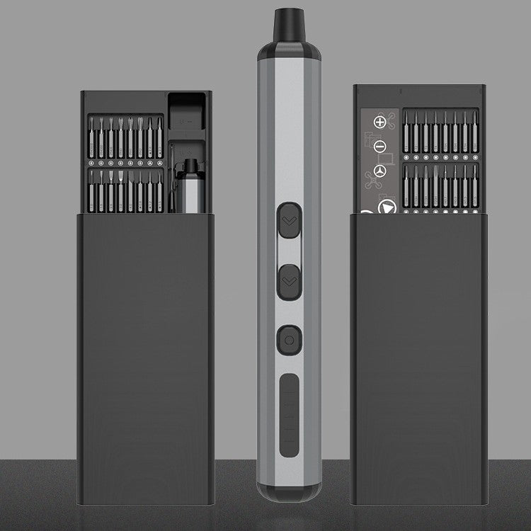 Front and side view of a 68-in-1 electric precision screwdriver set, showing the screwdriver tool with three control buttons and LED indicator, along with two open storage cases containing various precision bits.