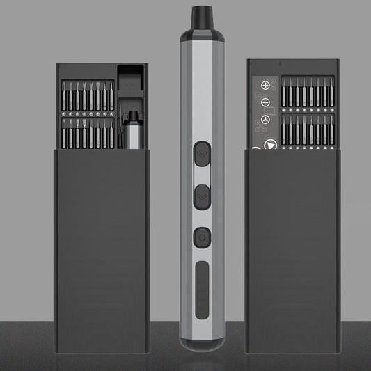 Front and side view of a 68-in-1 electric precision screwdriver set, showing the screwdriver tool with three control buttons and LED indicator, along with two open storage cases containing various precision bits.