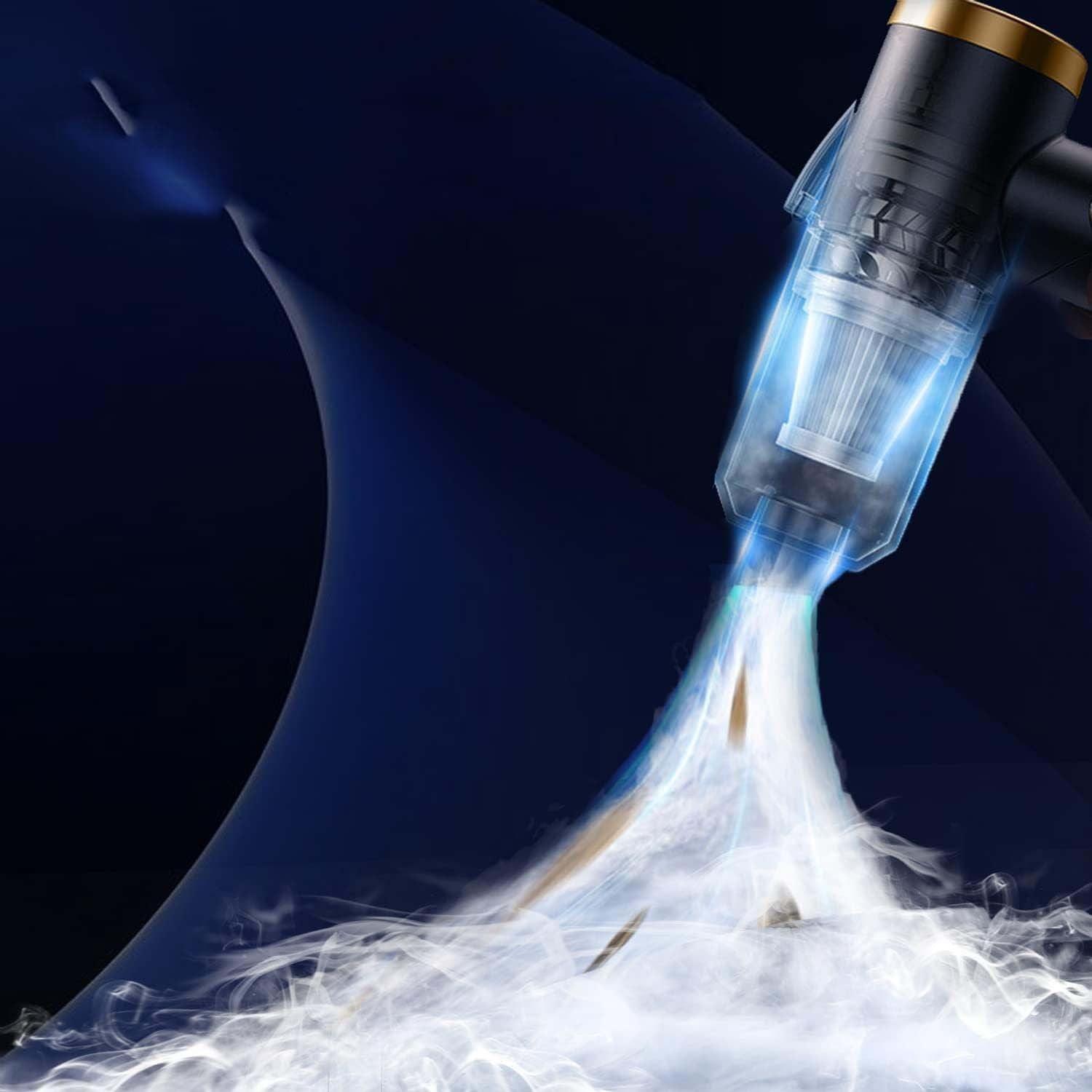 Close-up of a powerful handheld vacuum cleaner in action, with transparent filter and swirling suction effect capturing dust and debris against a dark blue background