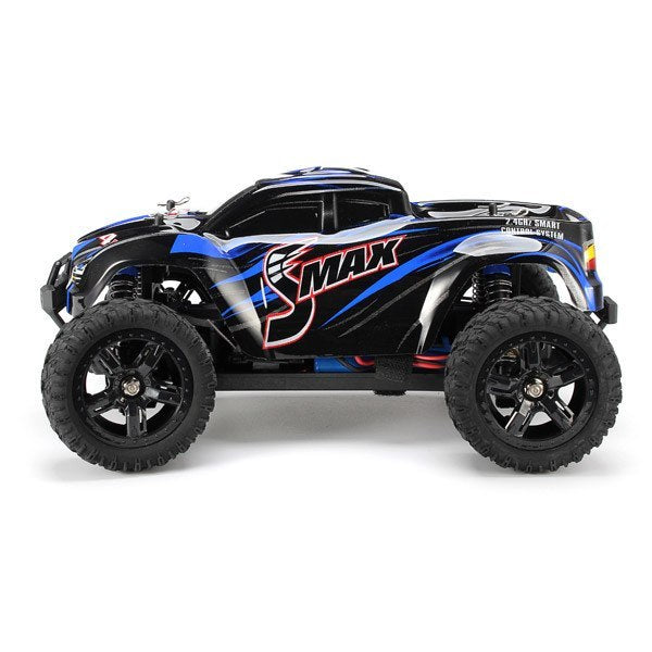 Blue and black Smax RC monster truck with oversized tires, side profile view