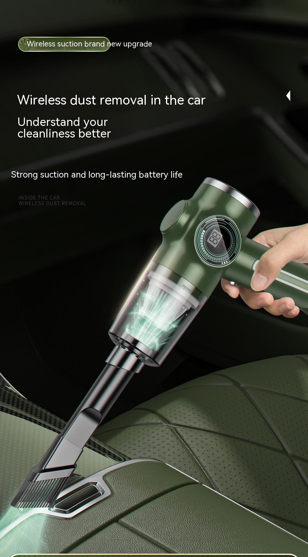 Cordless handheld vacuum cleaner in use inside a car, featuring strong suction, digital display, and long battery life for efficient interior cleaning.