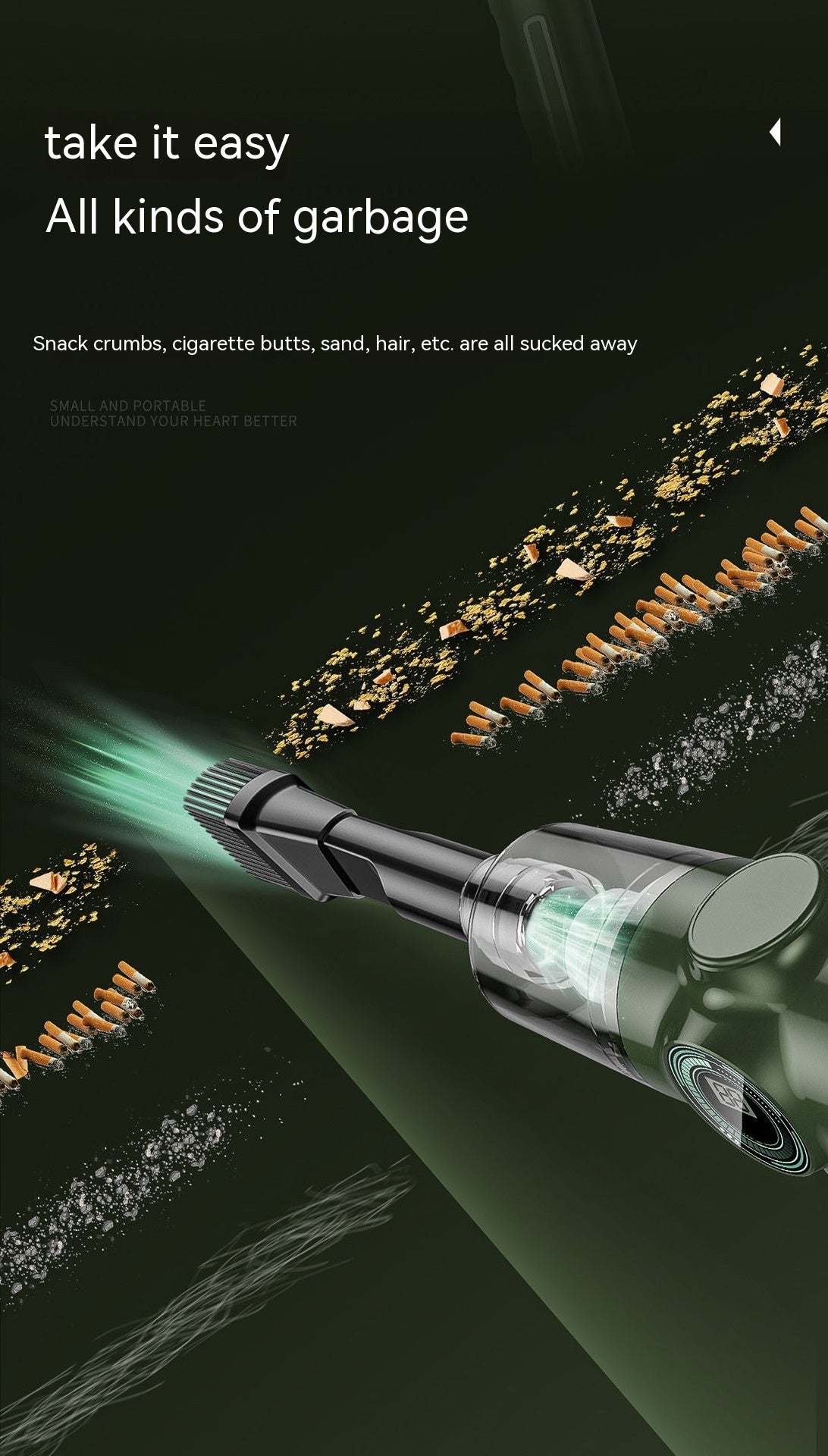 Cordless handheld vacuum cleaner effortlessly removing crumbs, cigarette butts, sand, and hair with powerful suction and precision brush nozzle.