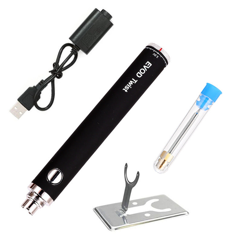 Black EVOD Twist mini soldering iron kit with adjustable voltage, USB charging cable, replacement soldering tip in tube, and metal stand.
