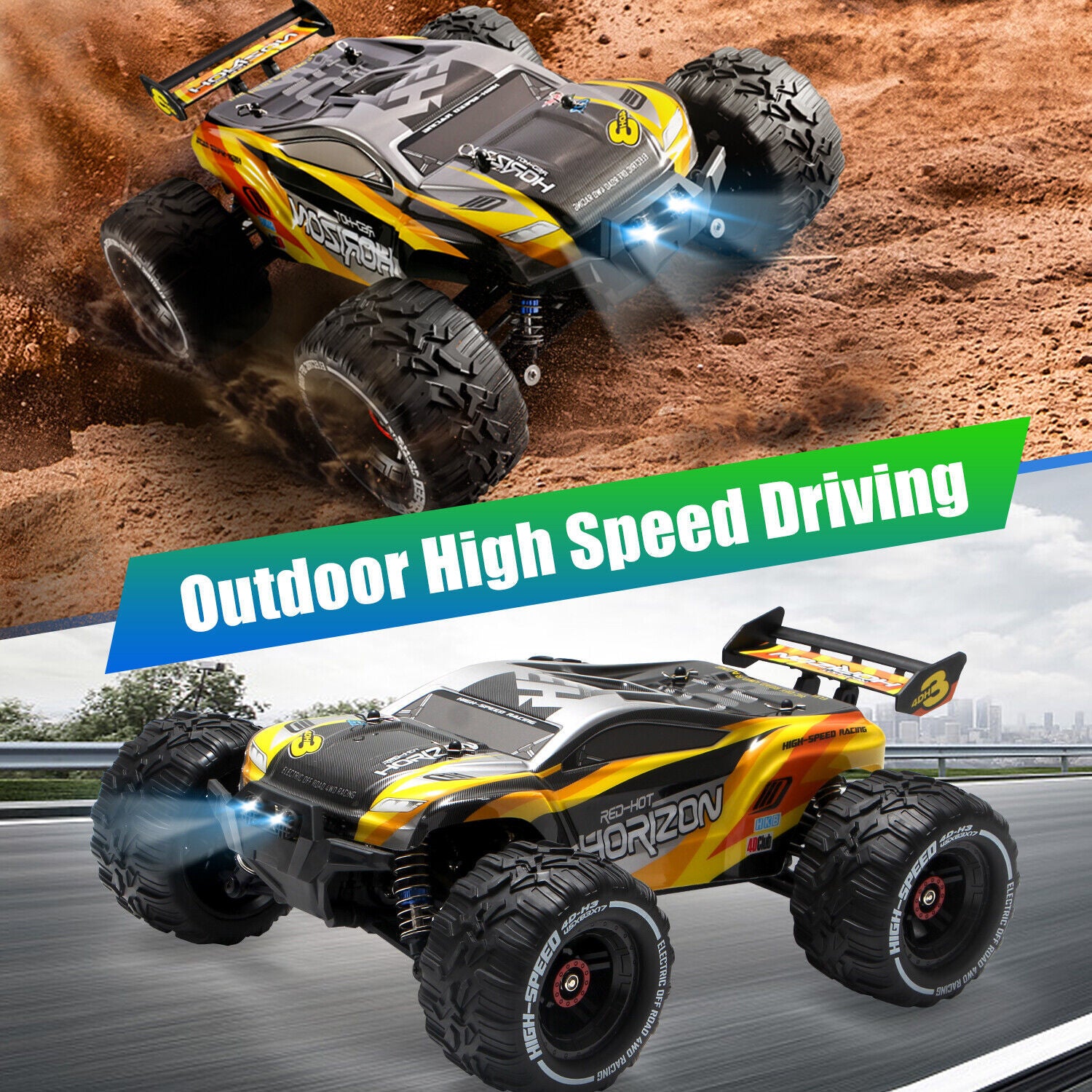 High-speed off-road RC car driving on dirt and pavement, showcasing outdoor performance