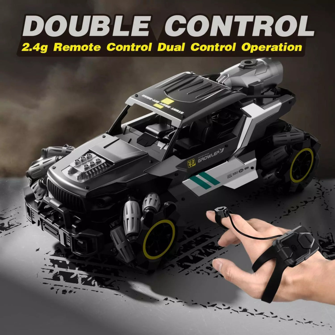 2.4GHz dual control RC stunt car with gesture-sensing remote and rugged all-terrain design