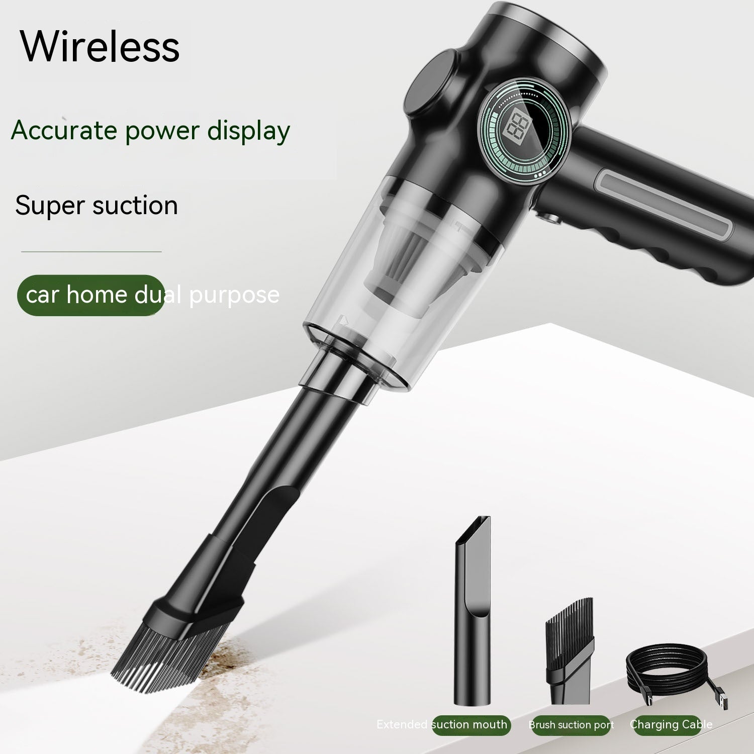 A handheld vacuum cleaner in green color being used on a car seat, showing the vacuum head inserted into a crevice tool.