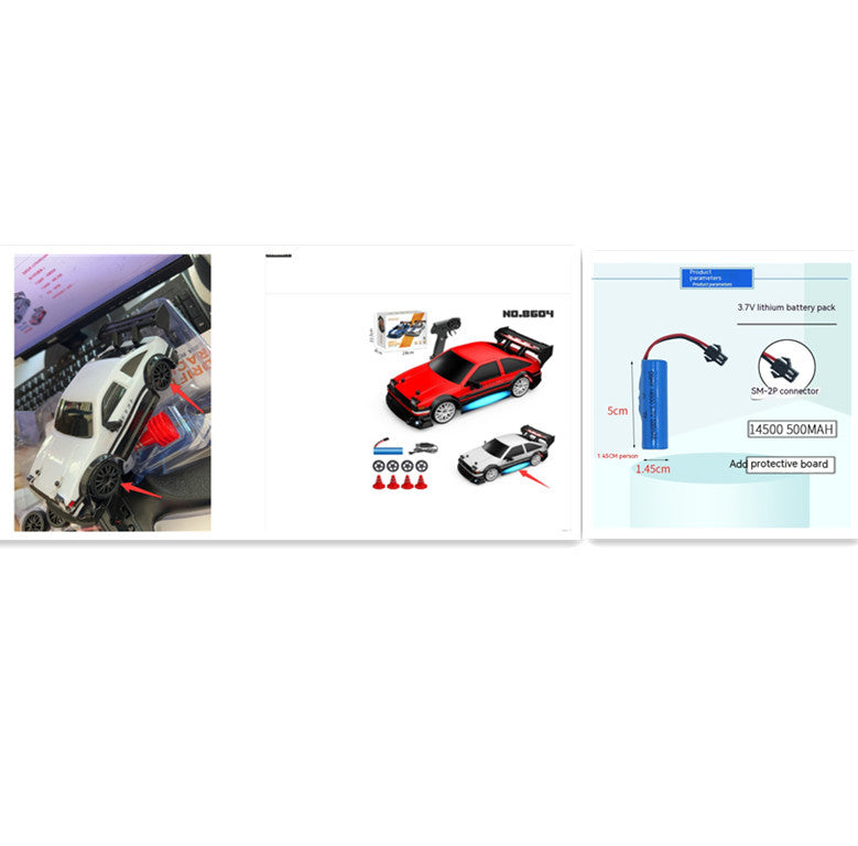 Collage of images including a remote control car, battery pack, and connectors on a white background.