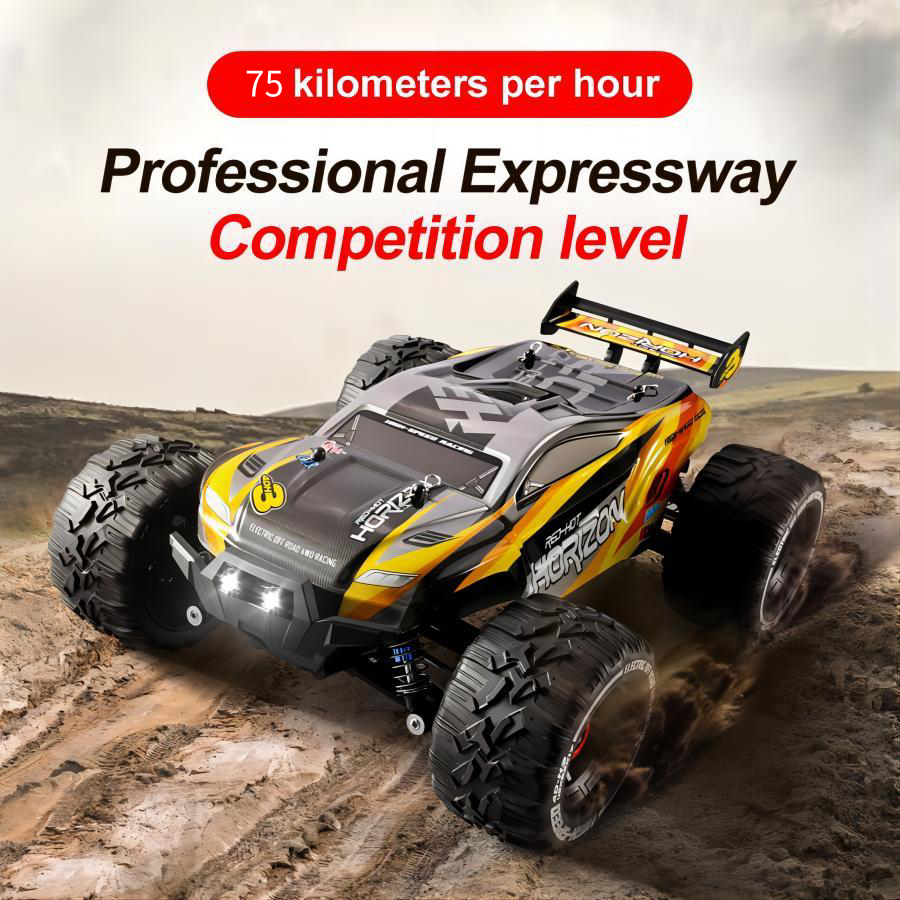 Professional competition-level RC car speeding on muddy road at 75 km/h