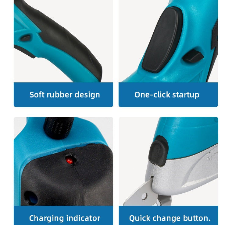 Close-up view of four key features of a blue electric scissors: soft rubber handle for comfort, one-click power button for easy operation, red charging indicator light, and a quick-change blade button.