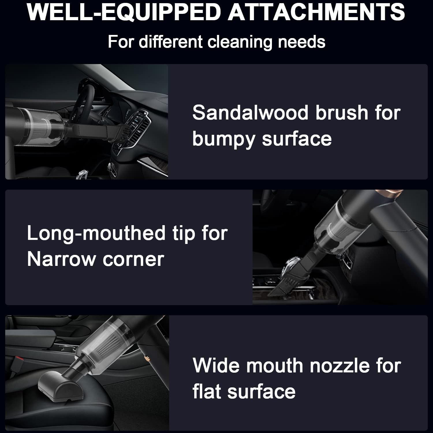 Car interior cleaning attachments with text labels for different cleaning needs.