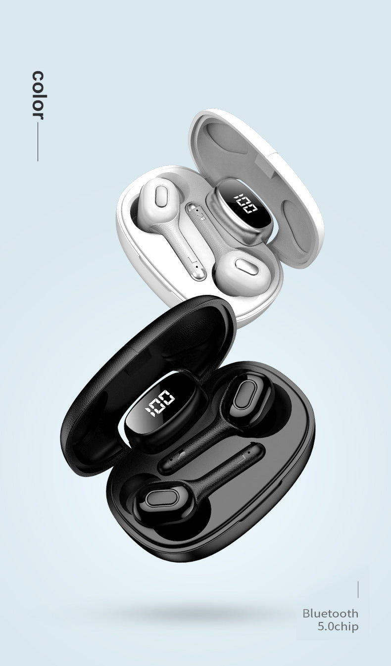 Wireless Bluetooth 5.0 earbuds in black and white with LED display charging cases, showcasing dual color options and modern in-ear design.