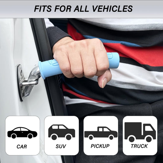 An image showing a blue vehicle support handle being fitted on a car door, with icons indicating the handle fits all vehicles including car, SUV, pickup, and truck.